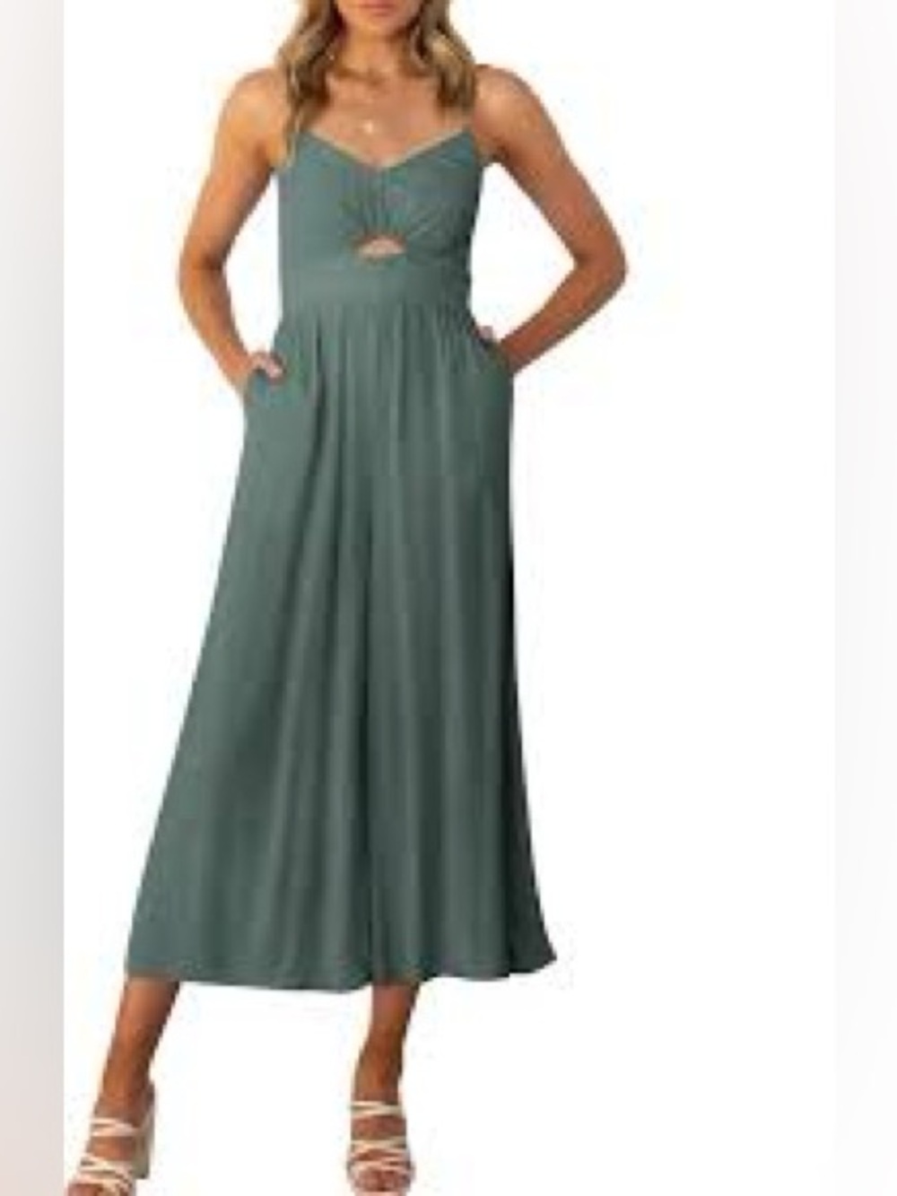 ANRABESS Grey Spaghetti Strap Cutout Linen Wide Leg Jumpsuit Romper Sz L